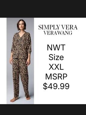 NWT Women's Simply Vera Vera Wang 2-pc. Pajama Top & Pajama Bottoms Set Size XXL